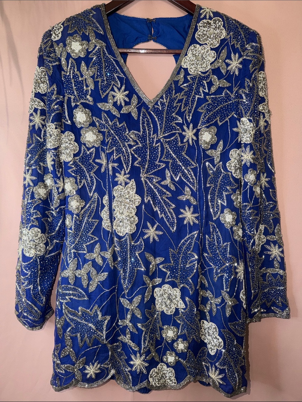 Vintage Embellished Royal Blue Mini Dress with Silver Floral Beading